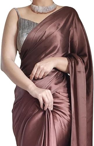 Awafu Women's Ready to Wear Coffee Satin Silk 1 Minute Pre Pleated Indian Saree With Unstiched Blouse 1