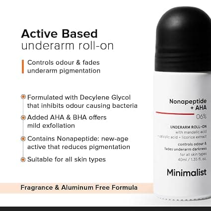 Minimalist Underarm Roll On Deodorant with Nonapeptide + AHA BHA 06% | Controls Odour & Fades Darkness | Fragrance & Aluminium Free | Exfoliating Deo For Women & Men | 40ml 1
