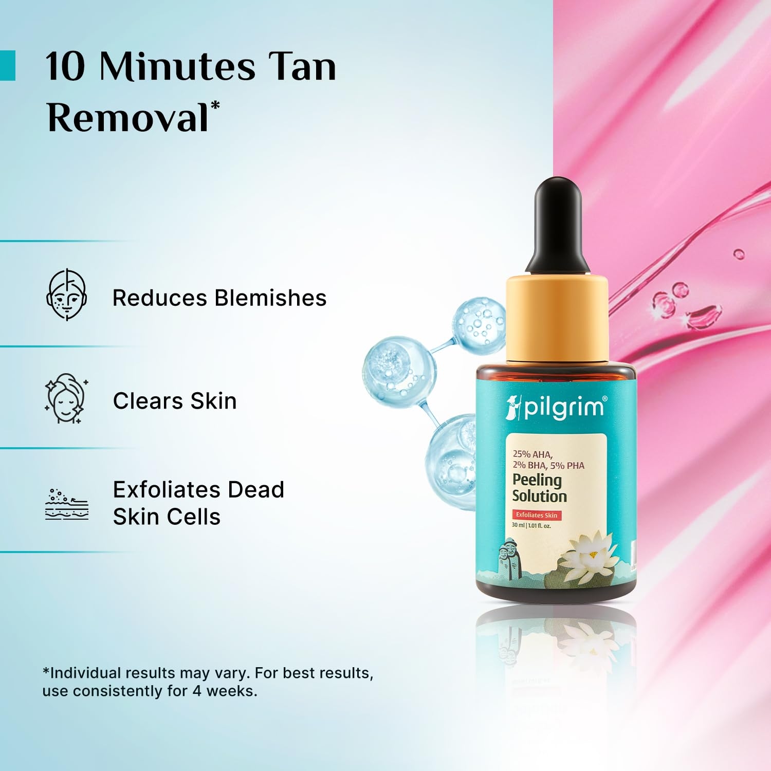 Pilgrim 25% AHA + 2% BHA + 5% PHA Peeling Solution 30ml For Face & Body |10-Minute Facial At Home|Gentle Exfoliating Serum for Tan Removal |For Glowing Skin, Even Skin Tone, Pore Cleansing |Men, Women 4