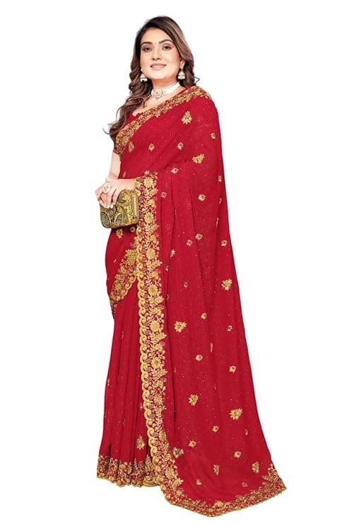 Women embroidered bollywood saree (georgette) (RED) 2