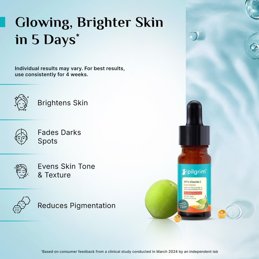 Pilgrim 10% Vitamin C Face Serum For Daily Brightness 10 ml | Face serum for glowing skin | Reduces Dark Spots & Evens Skin Tone | For Oily, Combination, Normal Skin Types | Fragrance Free | For Men and Women 6