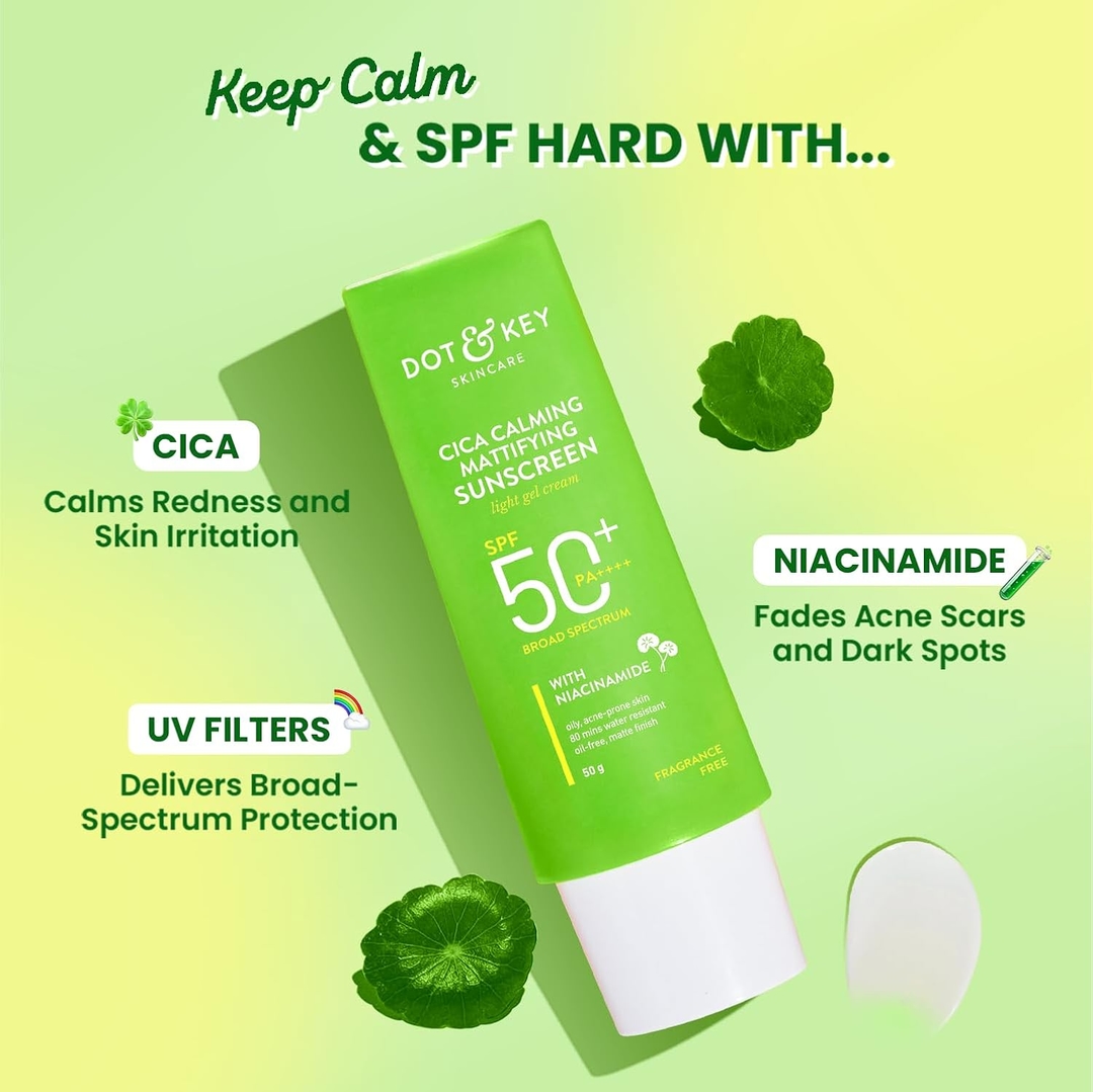 Dot & Key CICA Calming Mattifying Sunscreen SPF 50 PA++++ | For Oily Acne Prone & Sensitive Skin | UVA/UVB Protection | No White Cast, Ultra Light, Fragrance Free & Quick Absorbing | 50g 3