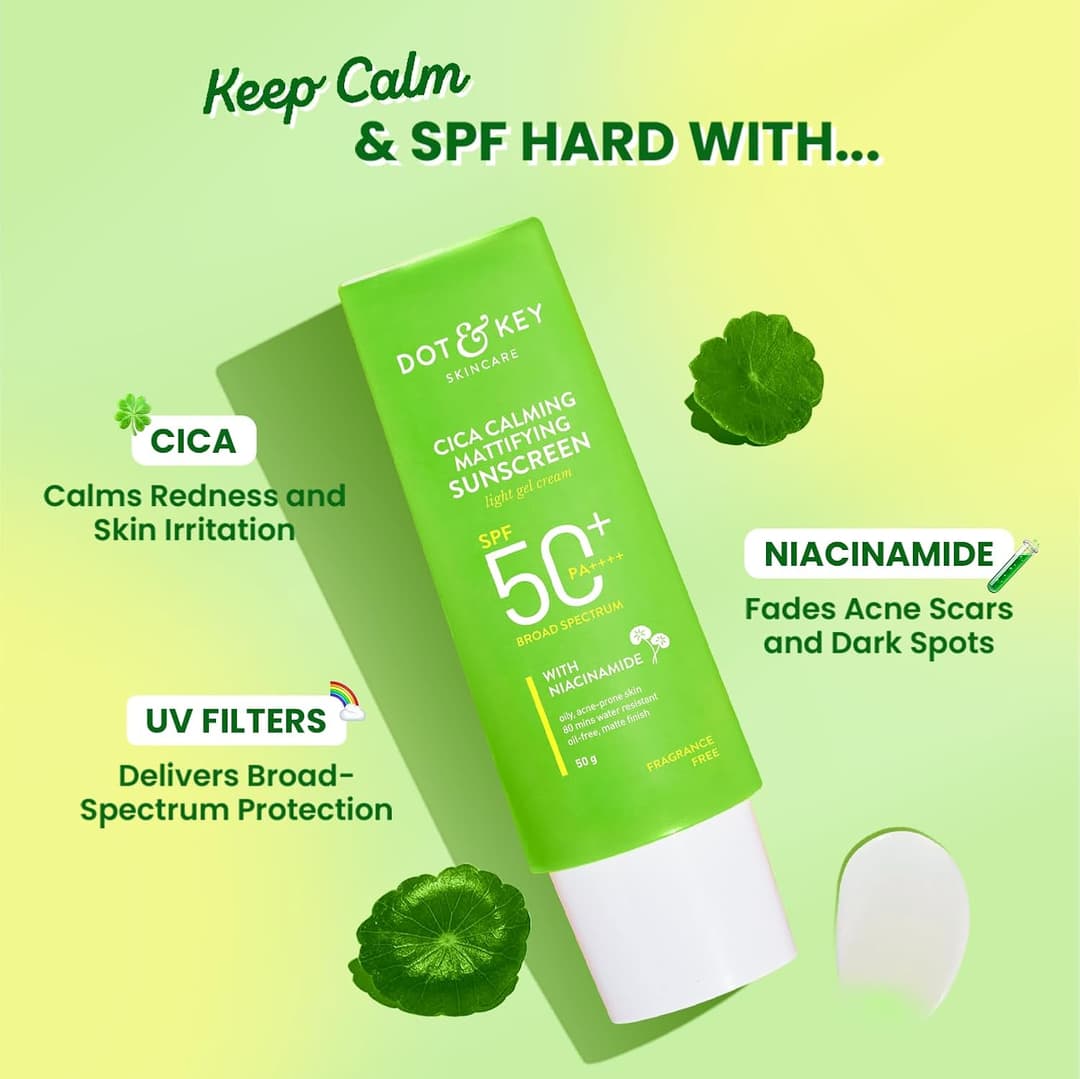 Dot & Key CICA Calming Mattifying Sunscreen SPF 50 PA++++ | For Oily Acne Prone & Sensitive Skin | UVA/UVB Protection | No White Cast, Ultra Light, Fragrance Free & Quick Absorbing | 50g 2