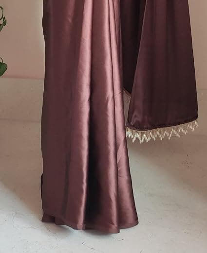 Awafu Women's Ready to Wear Coffee Satin Silk 1 Minute Pre Pleated Indian Saree With Unstiched Blouse 2