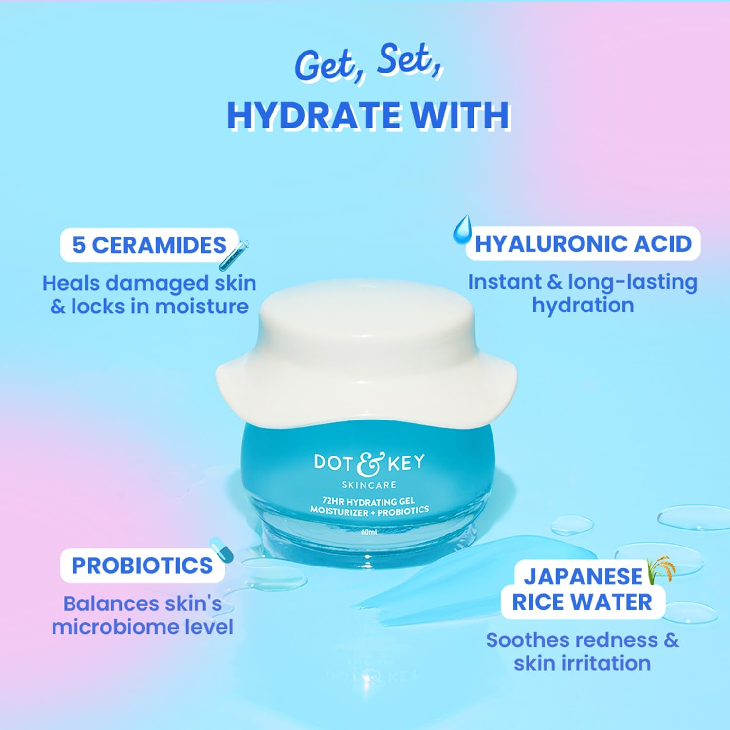 DOT & KEY 72Hr Hydrating Gel + Probiotics Moisturizer For Face With Hyaluronic Acid, Kombucha & Rice Water Lightweight Gel Oil Free Moisturizer | For Oily, Dull & Uneven Skin Tone I For All Skin Types | 60Ml 3