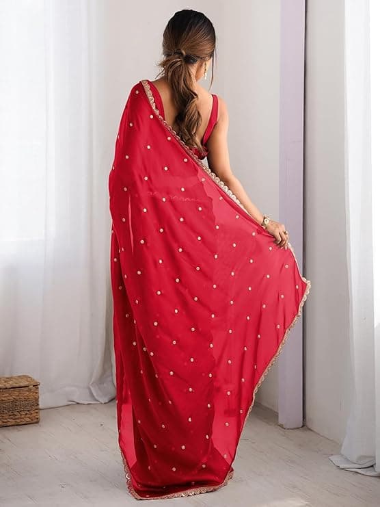 Women's Pure Georgette Embroidered Saree With Unstitched Blouse Piece 2