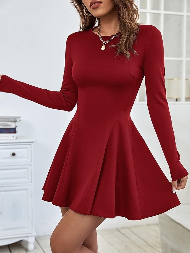 Women's Solid Round Neck Full Sleeve Flared A line Dress 4