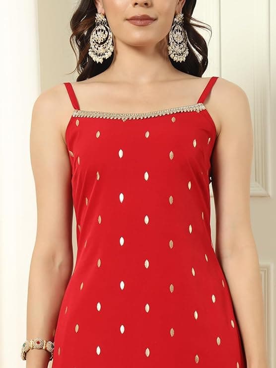 Women's Red Crepe Kurta and Palazzo Set with Matching Dupatta 4