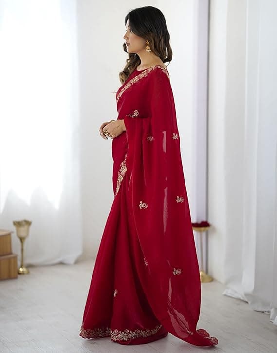 Women's Tissue Silk Sequence Embroidery Scalloped Border Saree with Unstitched Blouse Piece 1
