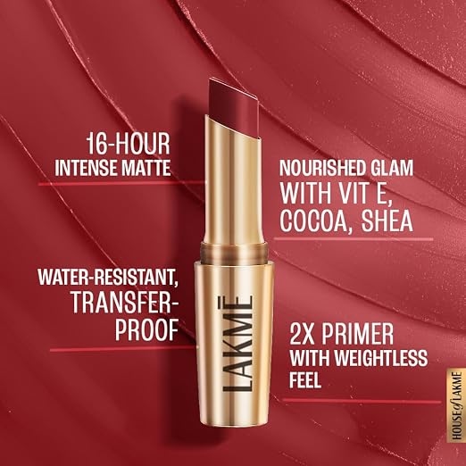 Lakme Powerplay Priming Matte Lipstick, Smooth Matte Finish, Lightweight Lipstick, Smudgeproof, Lasts 16hrs, Hydrates Lips, Cherry Chic, 3.6g 3