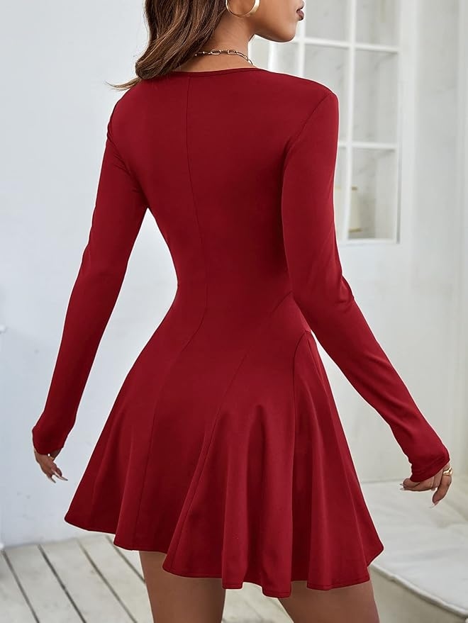 Women's Solid Round Neck Full Sleeve Flared A line Dress 3