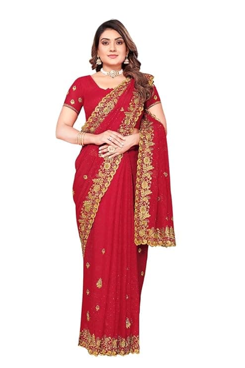 Women embroidered bollywood saree (georgette) (RED) 3