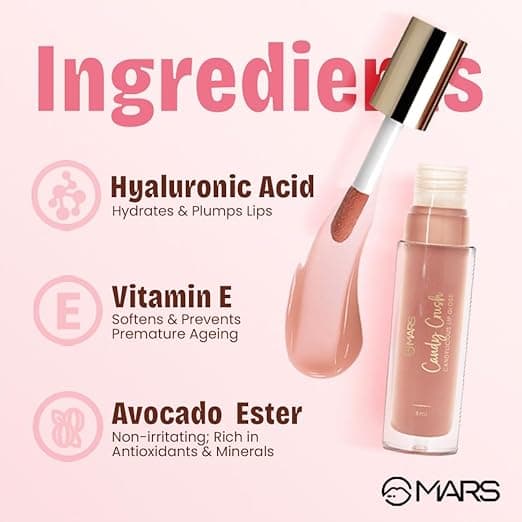 MARS Candylicious Sheer Lip Gloss for Women | Hydrating & High Shine | Lightweight | Non-Sticky | Enriched with Vitamin-E, Hyaluronic Acid & Avocado Ester (4.0ml) (01-CANDY CRUSH 1