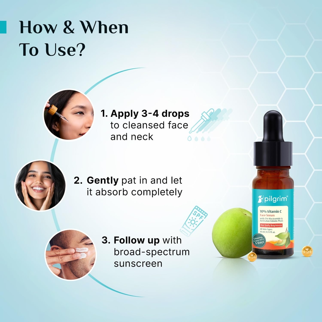 Pilgrim 10% Vitamin C Face Serum For Daily Brightness 10 ml | Face serum for glowing skin | Reduces Dark Spots & Evens Skin Tone | For Oily, Combination, Normal Skin Types | Fragrance Free | For Men and Women 3