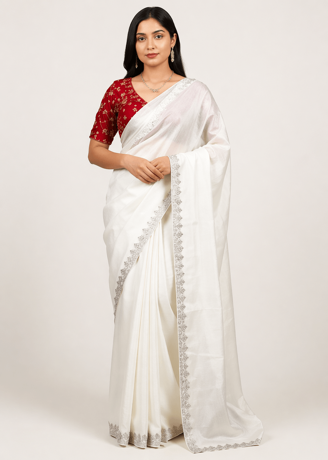 Elegant Silver Blue Georgette Saree with Sequin Work & Designer Blouse White 1
