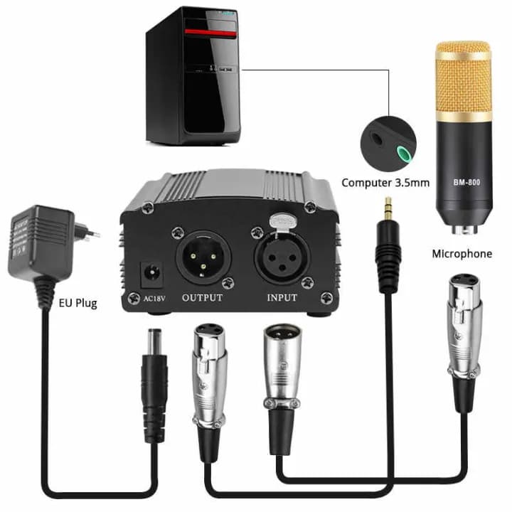 48V Phantom Power Supply With 10 Ft Xlr Cable And Adapter For Any Condenser Microphone (Bm-800)phantom power supply 1