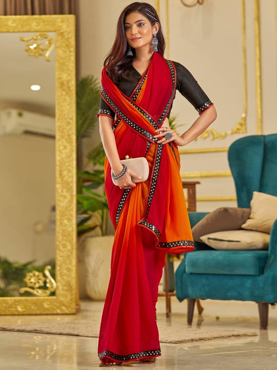 Ombre Sequinned Embellished Border Pure Georgette Saree with Blouse 2