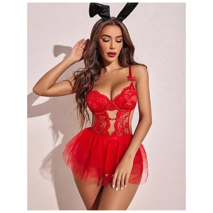 Lingerie Set Lace Underwired Bodysuit with Detachable Mesh Mini Skirt Push Up Teddy Lingerie Red Color Free Size 4
