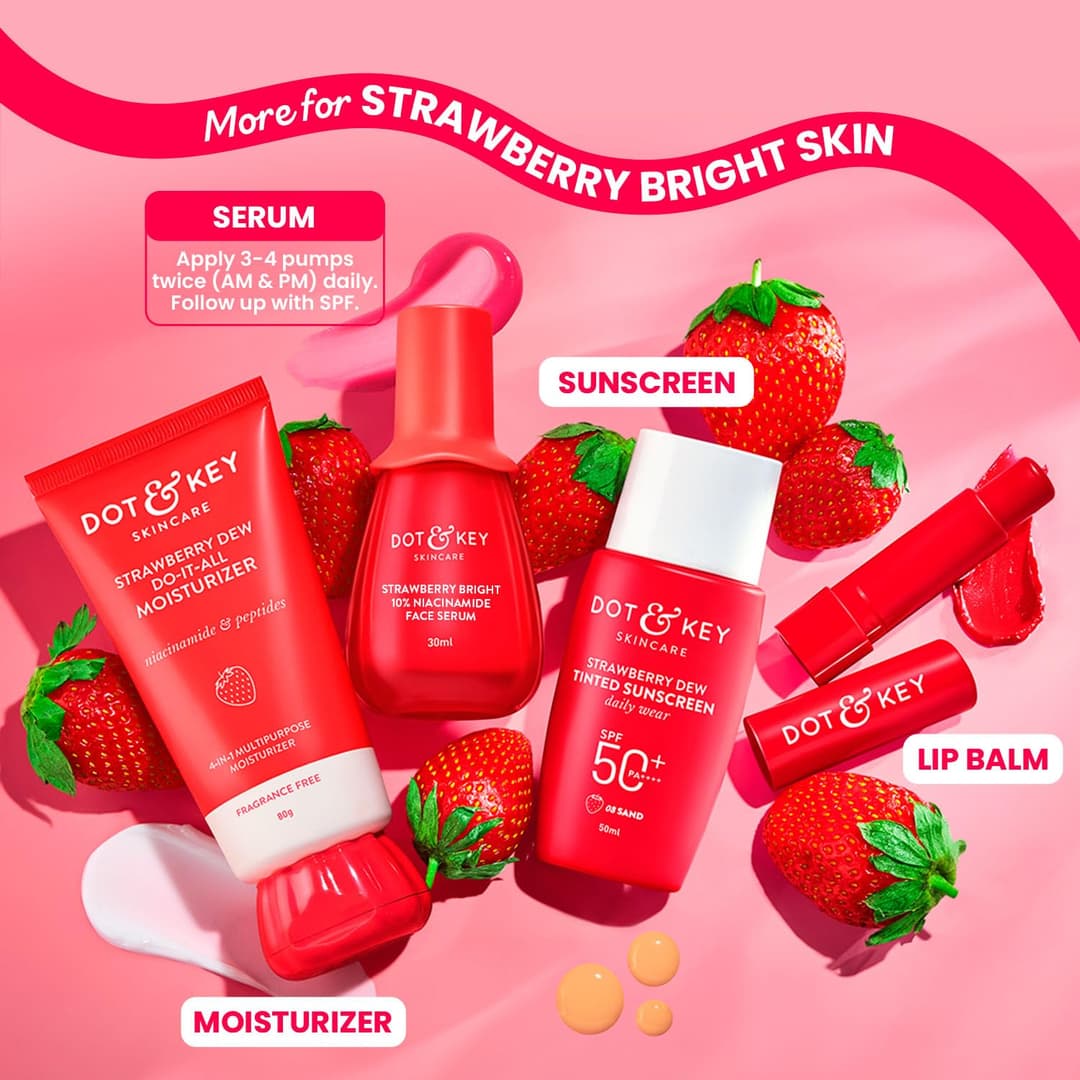 DOT & KEY 10% Niacinamide + Strawberry Brightening Face Serum with Vitamin B12 & Hyaluronic|Fades Dark Spots & Pigmentation,Treats Dullness|Instantly Hydrates & Smoothes Skin, Minimises Pores | 30ml 2