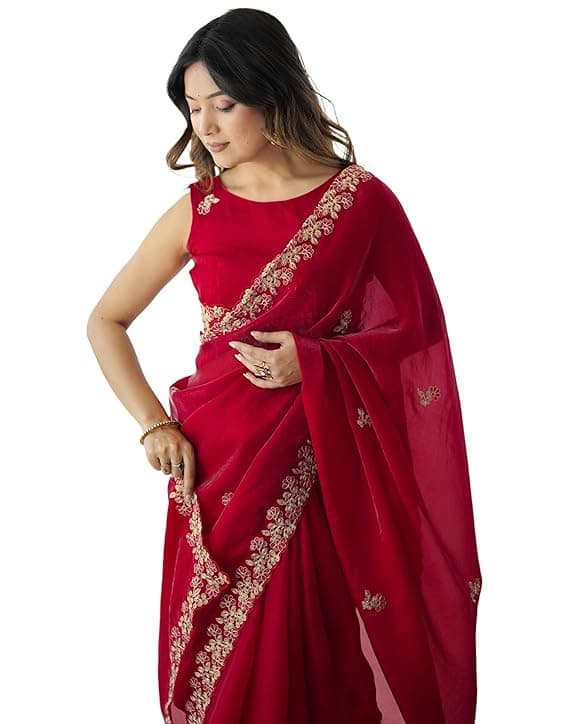 Women's Tissue Silk Sequence Embroidery Scalloped Border Saree with Unstitched Blouse Piece