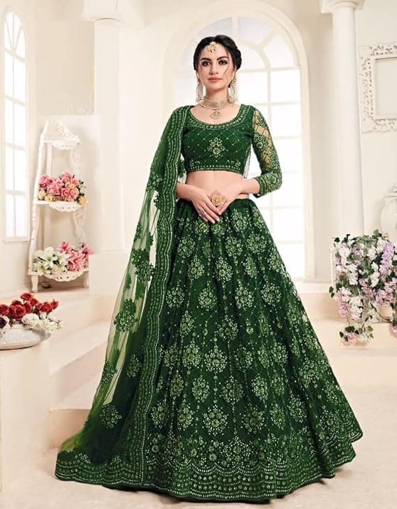 Women's Semi Stitched Net Lehenga Choli with Embroidered Pattern Unstitched Blouse Piece and Dupatta Set | Women's Lehenga Cholis 1