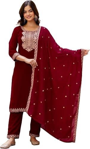 Women's Velvet Embroidery Salwar Suit Set Kurta Pant with Dupatta Maroon Kurta Set for Women