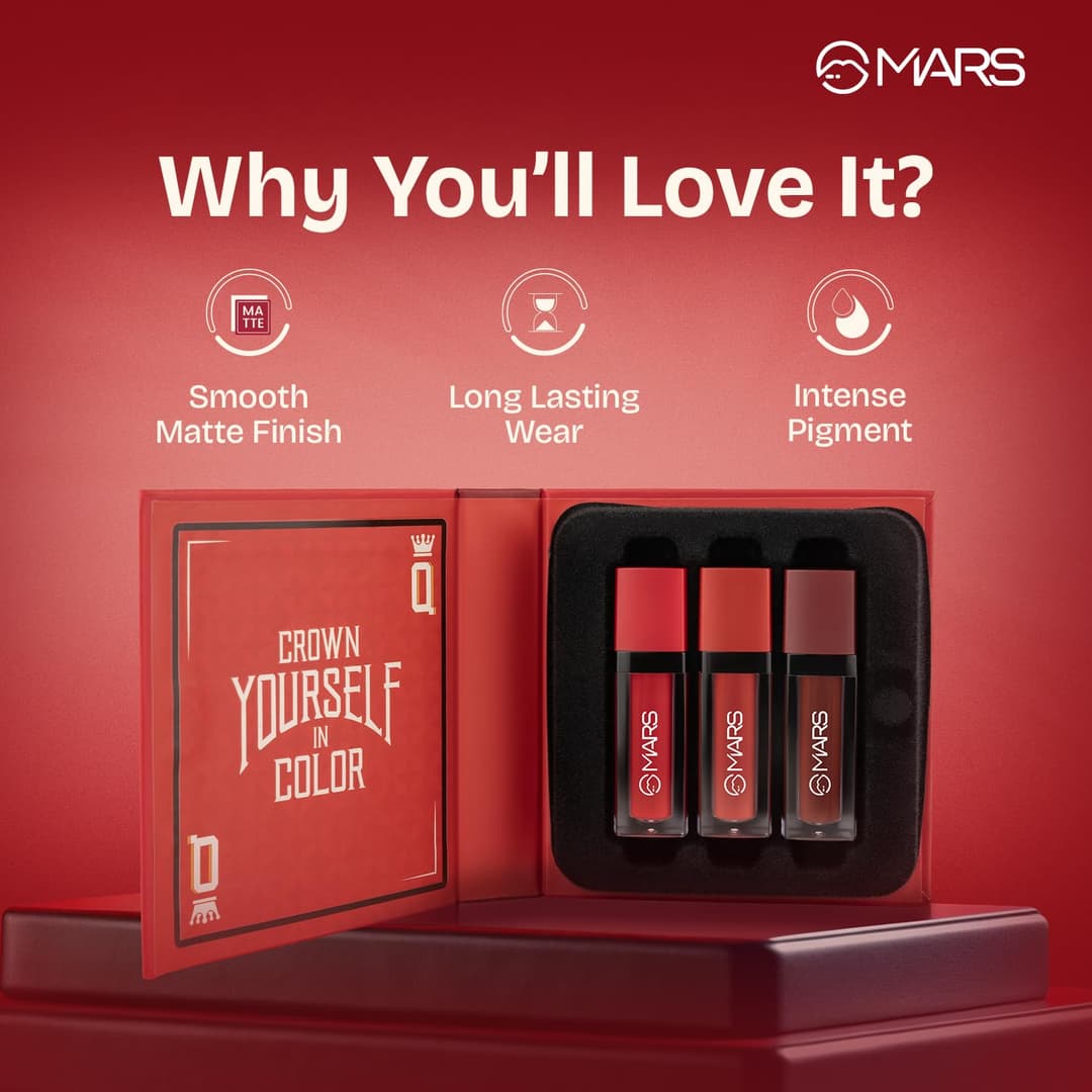 MARS Queen of Mattes Liquid Lipsticks | Box Set of 3 | 13.5 ml | Smudgeproof & Transferproof | Intense Pigmentation Long-Lasting Wear | Customizable Colors | Matte Finish - By Allure Cosmetics 1