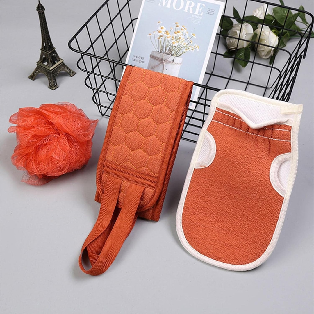 3-in-1 Exfoliating Bath Set – Back Scrubber, Bath Glove Mitt, and Shower Loofah Ball" 1