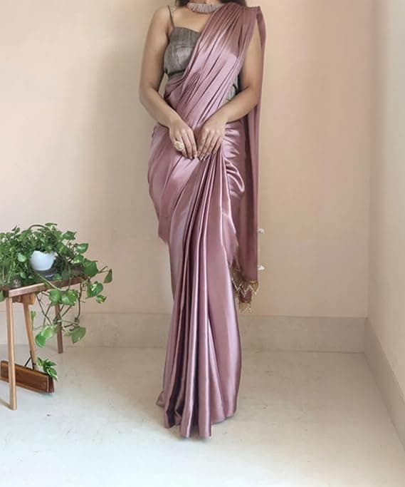 Women's Satin Silk Saree, Rose Gold, Dry Clean Only, Thread Embroidery, Plain Weave, 5.30 Meters