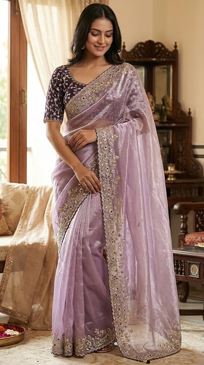 Shivshakti Collection, Designer Fandy Satin Saree for Women with Sequence Work | Cutwork Border Saree with Contrast Embroidered Full Stitch Blouse 1
