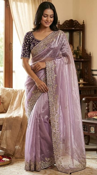Shivshakti Collection, Designer Fandy Satin Saree for Women with Sequence Work | Cutwork Border Saree with Contrast Embroidered Full Stitch Blouse