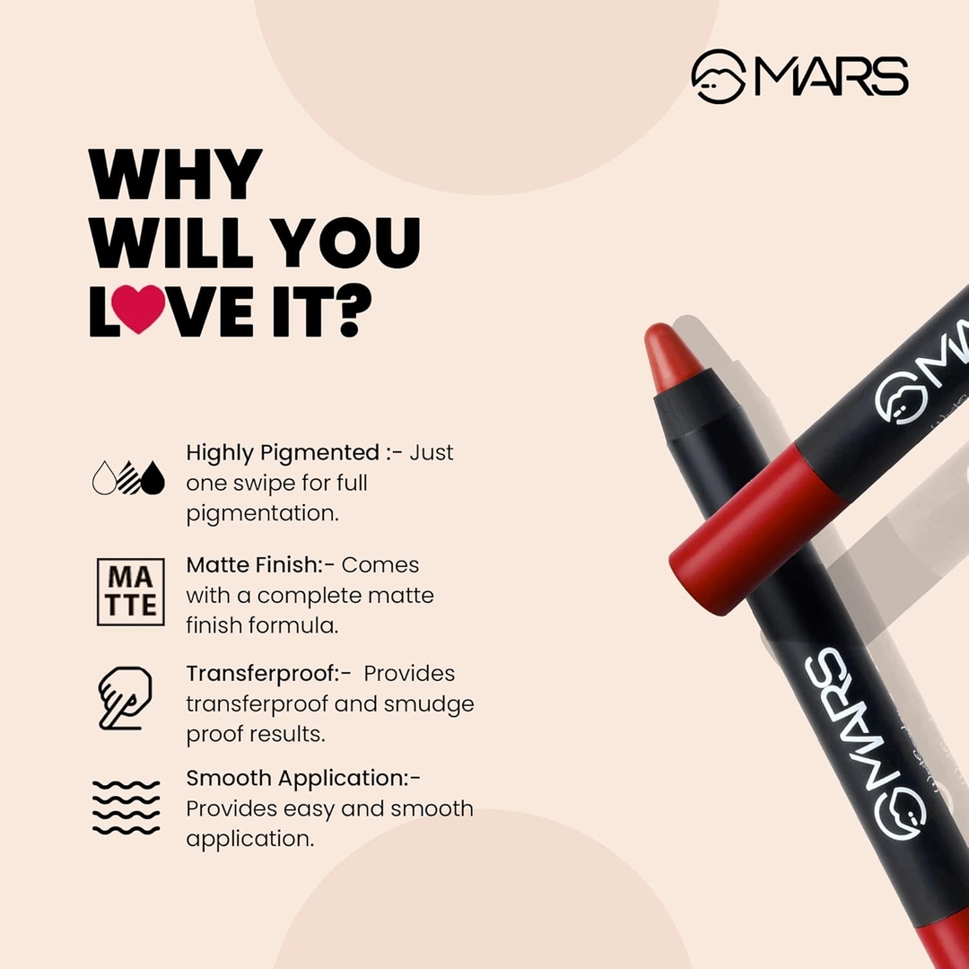 MARS Long Lasting Crayon Lipstick up to 12 Hours Stay | Matte Finish | Waterproof | Won't Smudge Won't Budge Lip Crayon (3.5 gm) 4