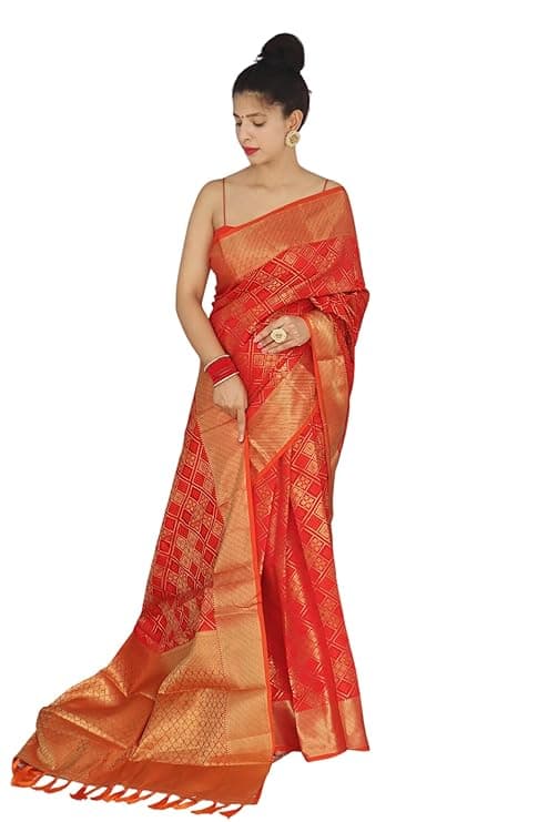 Women's Kanjivaram Patola Silk Saree Golden Zari With Blouse Piece (Red)