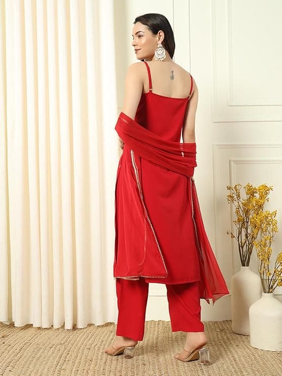 Women's Red Crepe Kurta and Palazzo Set with Matching Dupatta 1