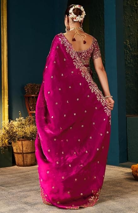 Women's Silk Saree with Embroidered Blouse Piece ( Rani Pink Color) 3