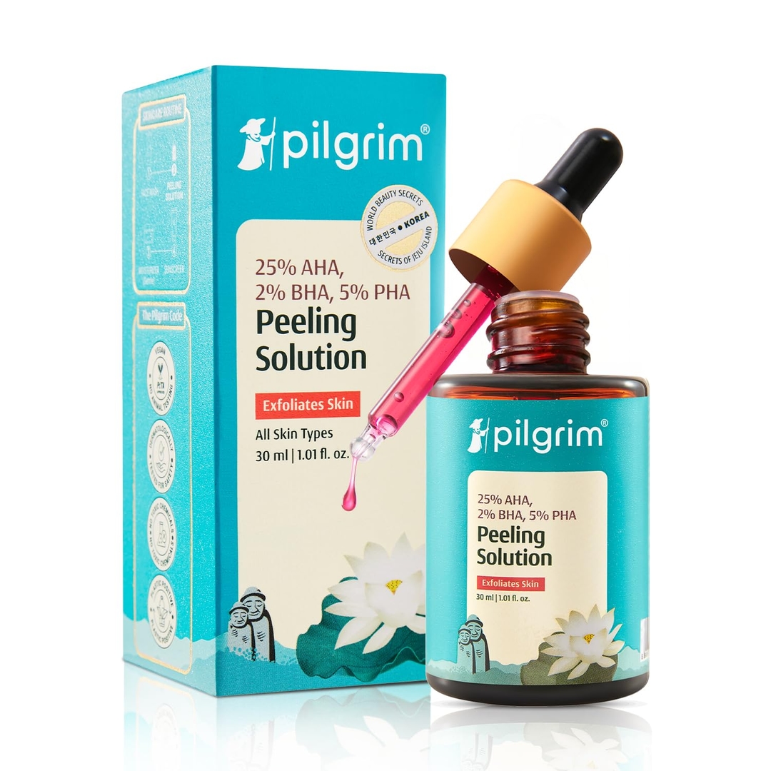 Pilgrim 25% AHA + 2% BHA + 5% PHA Peeling Solution 30ml For Face & Body |10-Minute Facial At Home|Gentle Exfoliating Serum for Tan Removal |For Glowing Skin, Even Skin Tone, Pore Cleansing |Men, Women 1