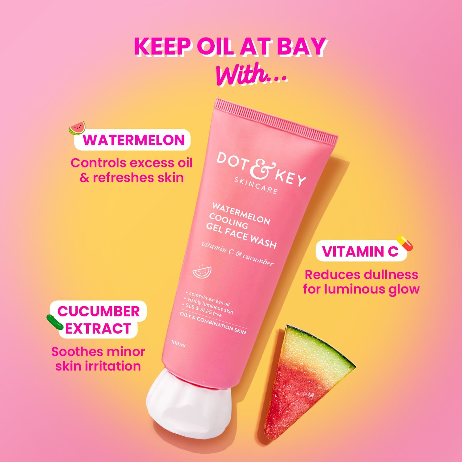 DOT & KEY Watermelon Super Glow Gel Face Wash With Vitamin C & Cucumber 100ml 3