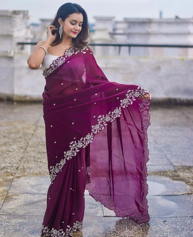 Womens Saree Bollywood Style Organza Silk With Designr Embroidery Sequance Work 3