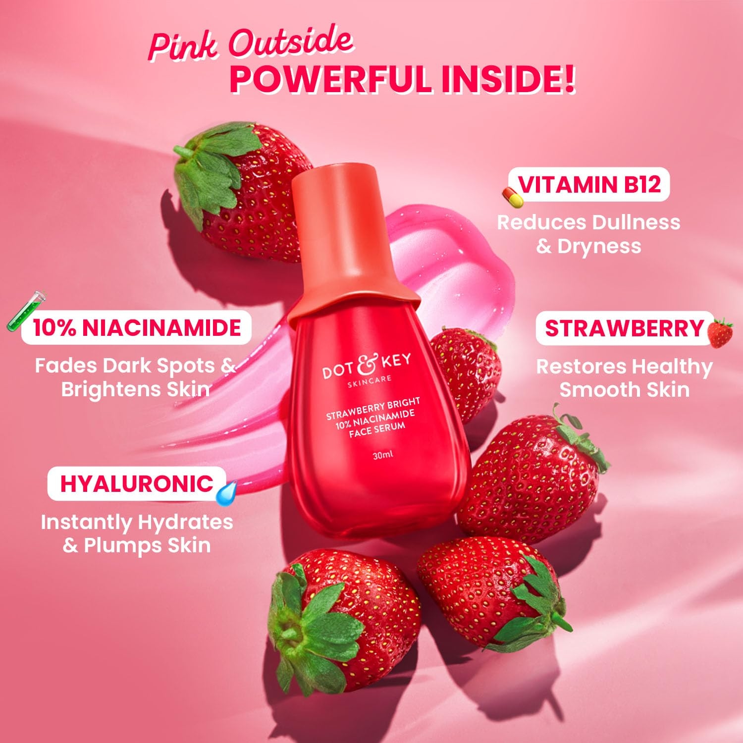 DOT & KEY 10% Niacinamide + Strawberry Brightening Face Serum with Vitamin B12 & Hyaluronic|Fades Dark Spots & Pigmentation,Treats Dullness|Instantly Hydrates & Smoothes Skin, Minimises Pores | 30ml 4