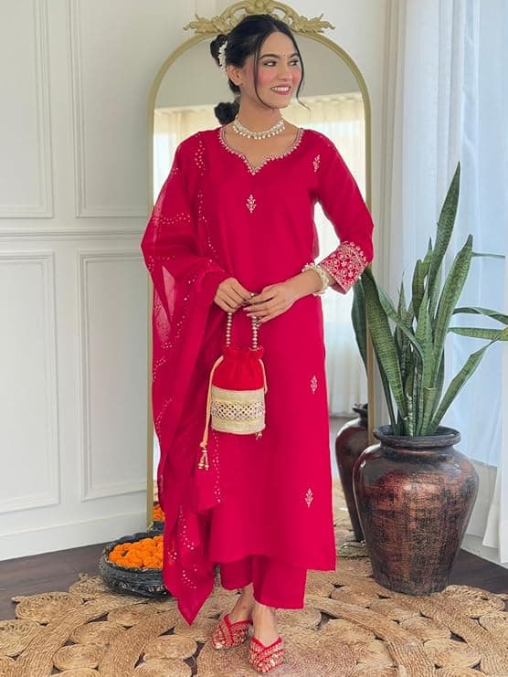 Women's Gajri Chanderi Embroidered Straight Kurta with Chanderi Silk Pant and Chanderi Silk Laced Dupatta Sets 1