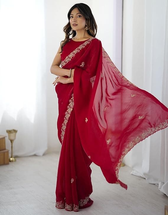 Women's Tissue Silk Sequence Embroidery Scalloped Border Saree with Unstitched Blouse Piece 4