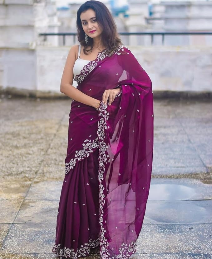 Womens Saree Bollywood Style Organza Silk With Designr Embroidery Sequance Work 2