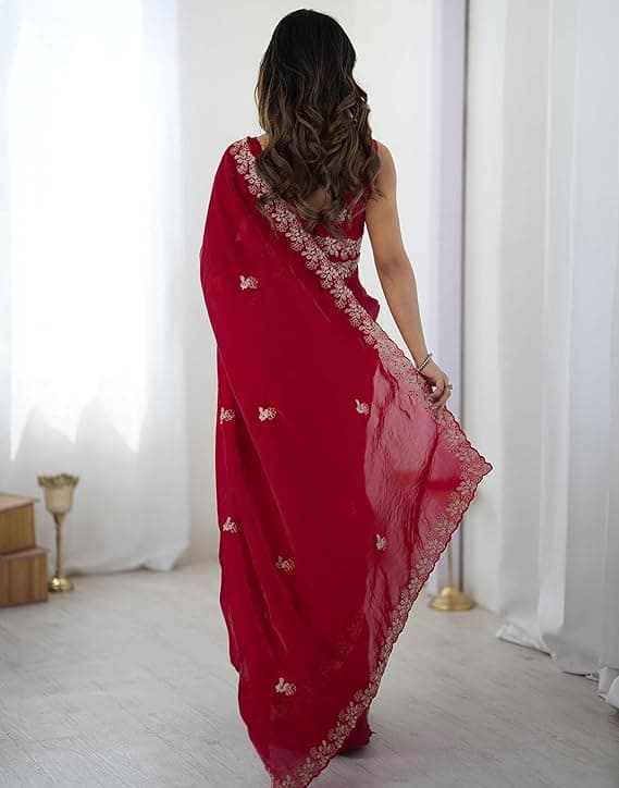 Women's Tissue Silk Sequence Embroidery Scalloped Border Saree with Unstitched Blouse Piece 3