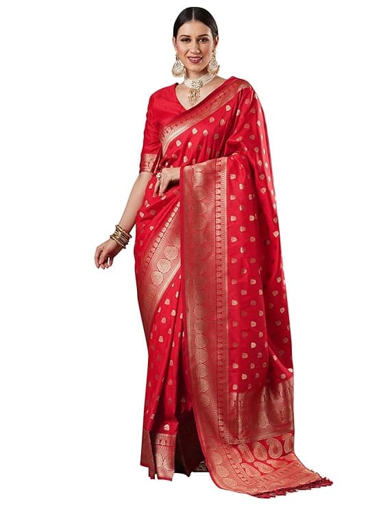 Women's Banarasi Silk Blend Ethnic Motif Zari Work Saree With Unstitched Blouse Piece