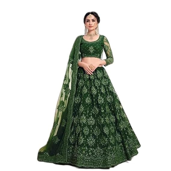 Women's Semi Stitched Net Lehenga Choli with Embroidered Pattern Unstitched Blouse Piece and Dupatta Set | Women's Lehenga Cholis