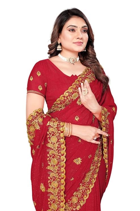 Women embroidered bollywood saree (georgette) (RED) 1
