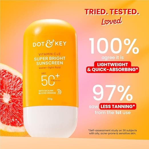 Dot & Key Vitamin C + E Super Bright Sunscreen In-Vivo Tested SPF 50+ PA++++ With New-Age UV Filters, Water-Light Fluid, Boosts Glow, Reduces Dullness & Dark Spots, Checks Tanning, No White Cast| 50G,Pack Of 1 2