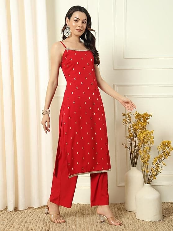 Women's Red Crepe Kurta and Palazzo Set with Matching Dupatta 3