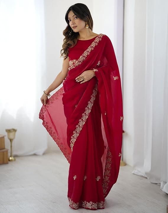 Women's Tissue Silk Sequence Embroidery Scalloped Border Saree with Unstitched Blouse Piece 2