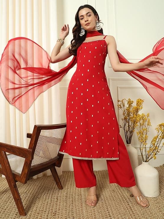 Women's Red Crepe Kurta and Palazzo Set with Matching Dupatta 2